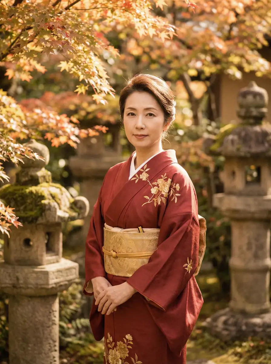 一位身穿暗红色和服的优雅 明陞88平台 在日式庭院中