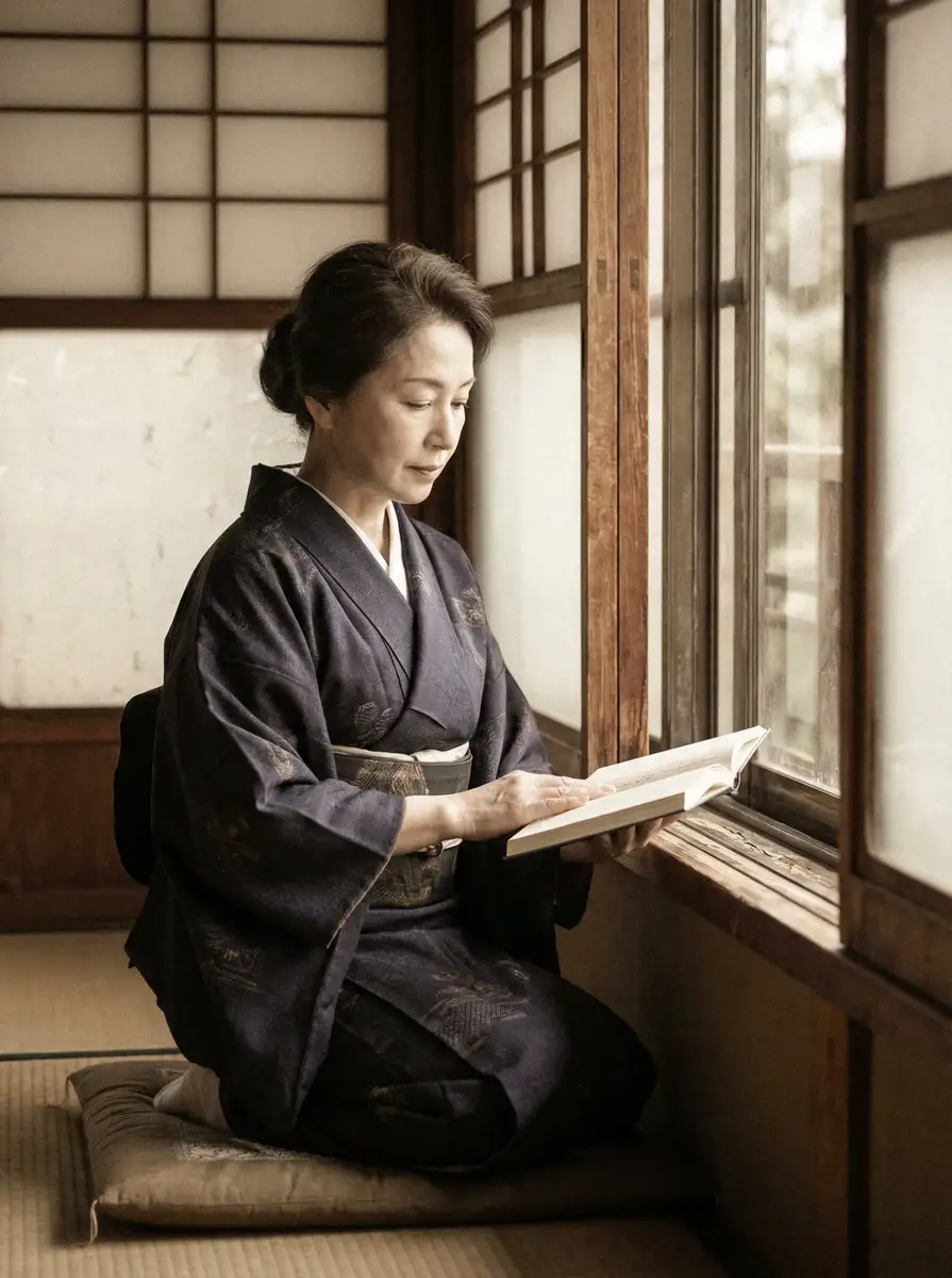 一位优雅的五十岁 明陞88平台 身穿深蓝色和服，在窗边静读