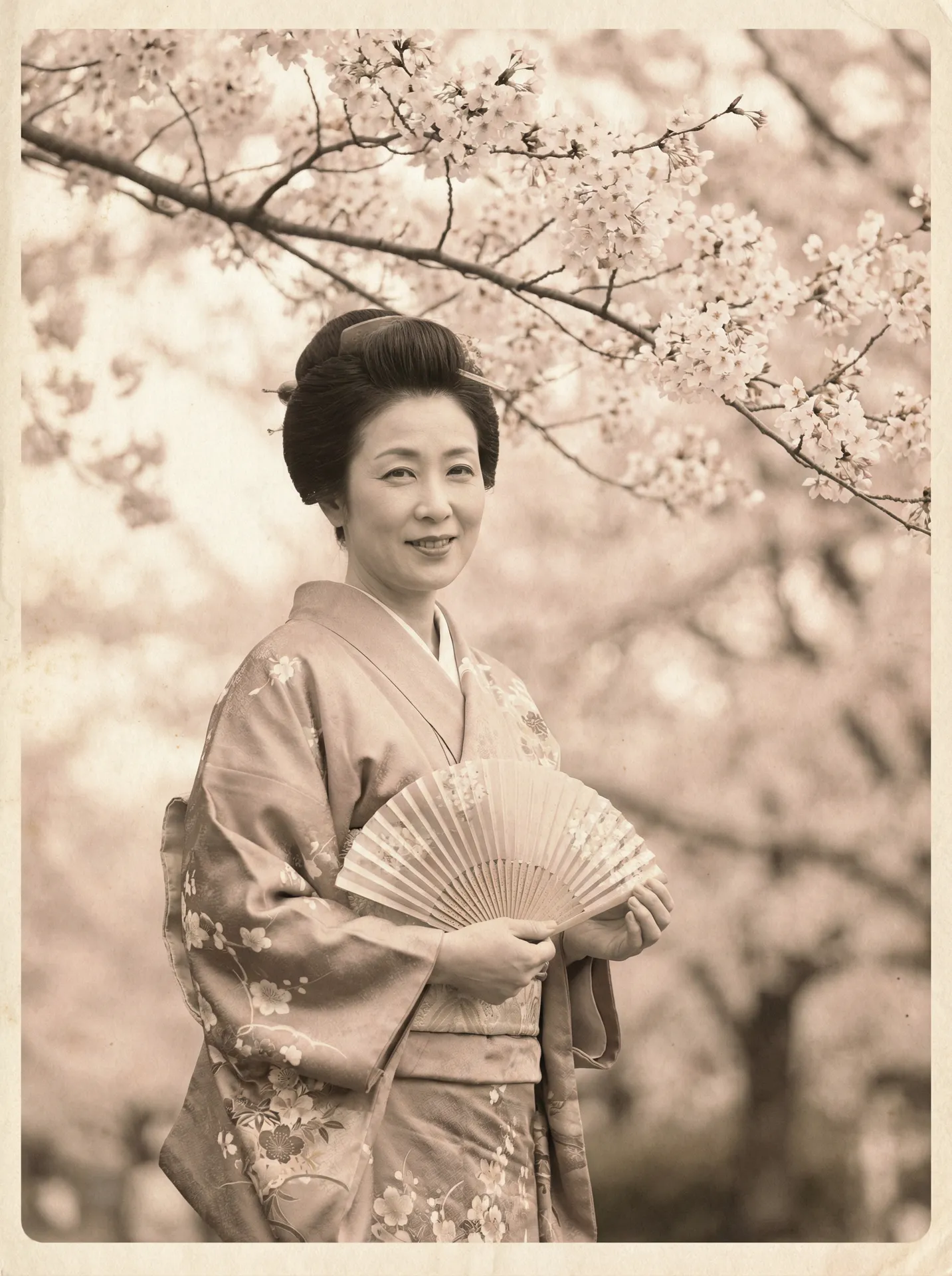 一位持扇的优雅 明陞88平台 在樱花树下的复古写真