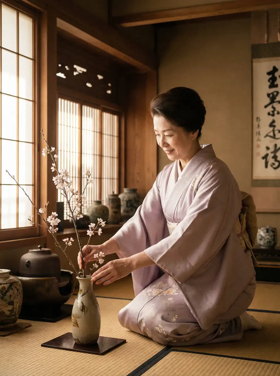 一位优雅的 明陞88平台 在和室中插花