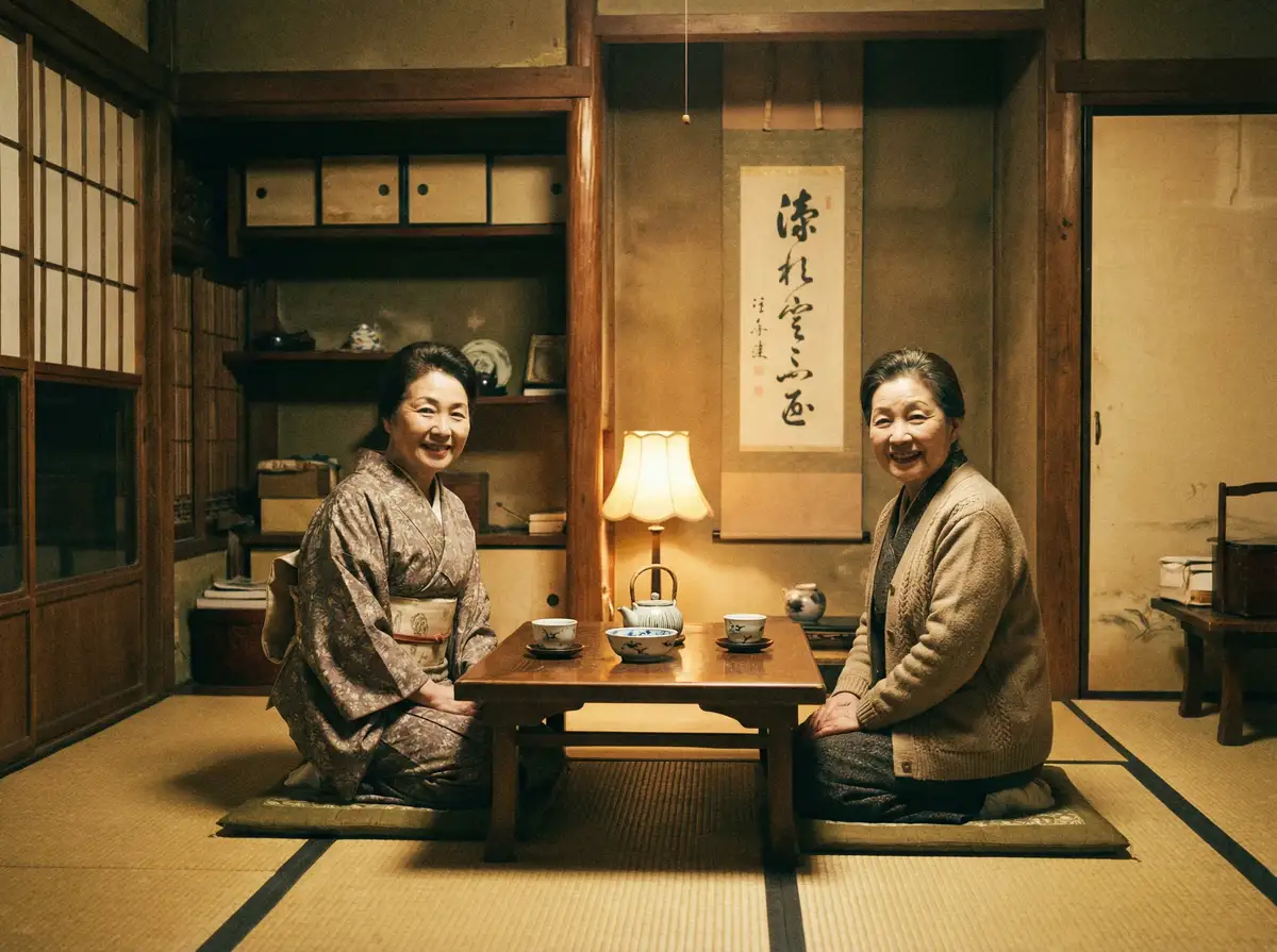 两位优雅的 明陞88平台 在日式茶室中品茶交谈